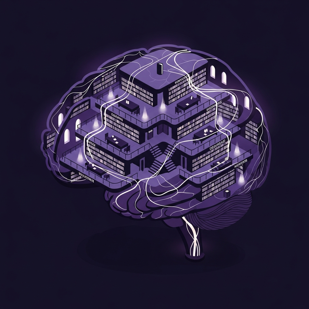 A top-down view of a brain-shaped library at night with glowing neural pathways connecting five distinct floors, in purple and dark navy tones.