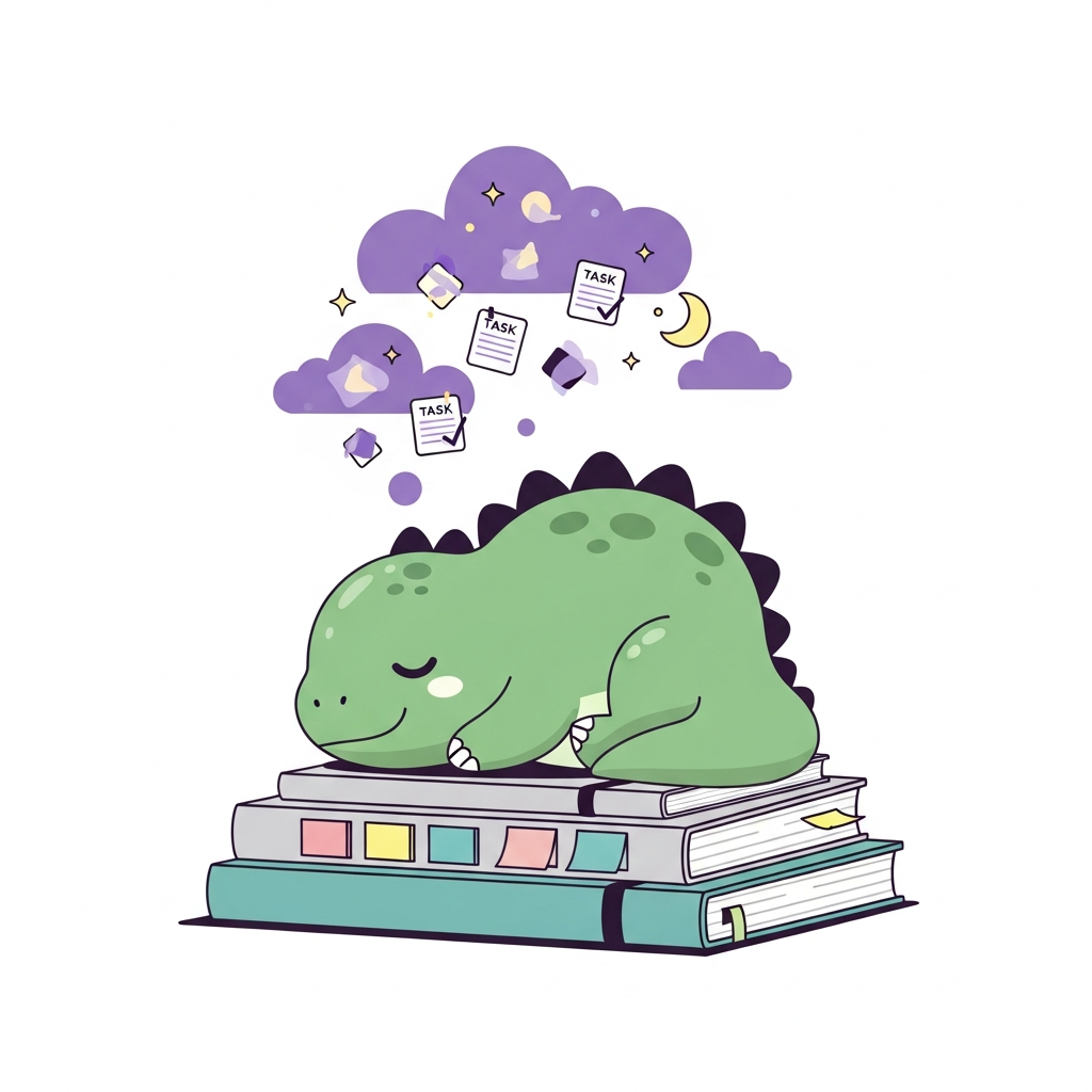 A cartoon dinosaur sleeping on a stack of notebooks while purple dream clouds carry tiny task cards, charts, and memory fragments above its head.
