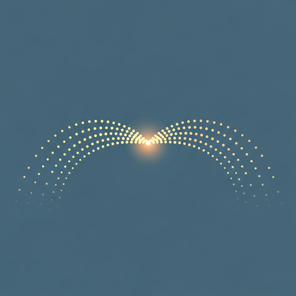 Fading dots on a dark background, one glowing brightly
