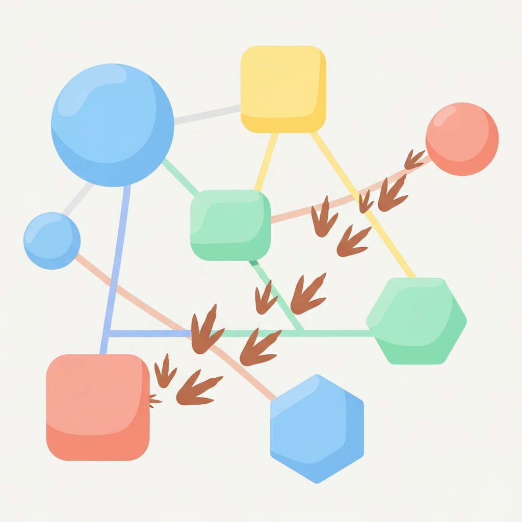 Stylized knowledge-graph nodes with a T-rex footprint walking between them