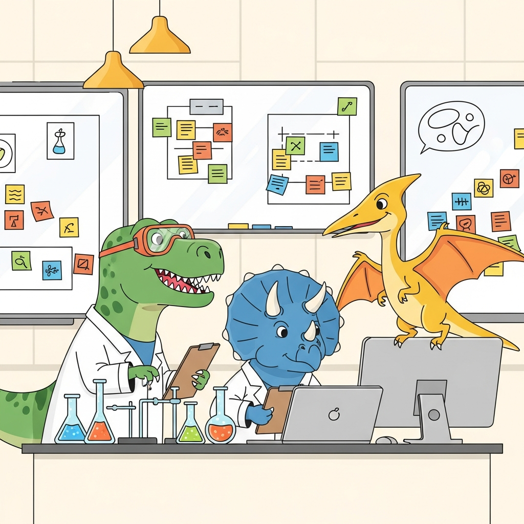 A small T-rex team working in a bright modern lab with whiteboards