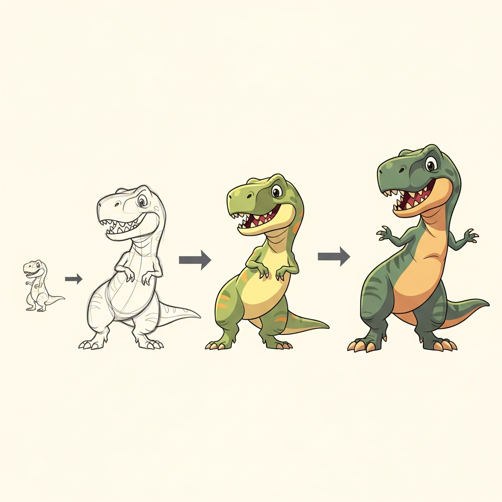 Timeline of a T-rex growing from a small sketch to a confident stance