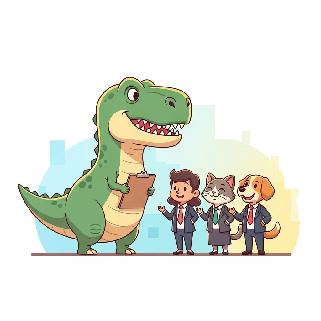 Friendly cartoon T-rex leading a morning standup