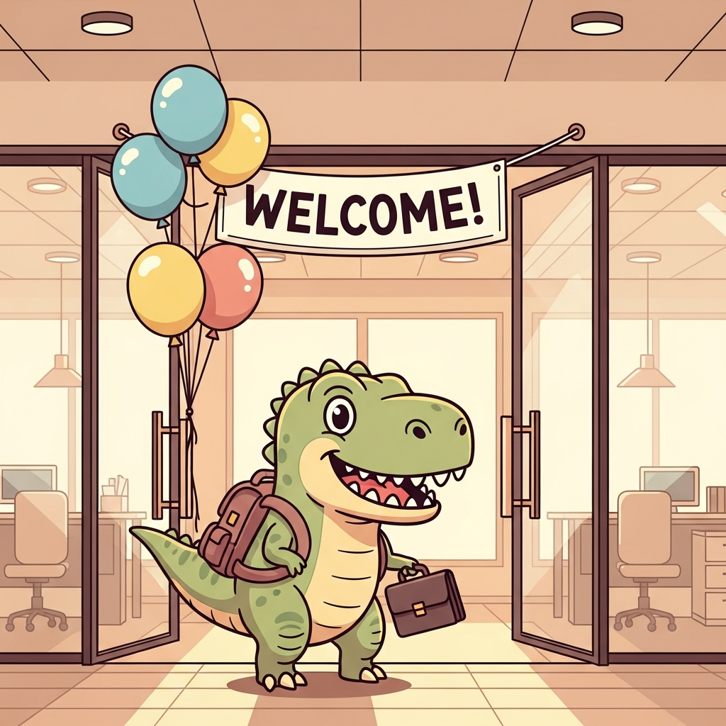 Cartoon T-rex arriving at the office for day one