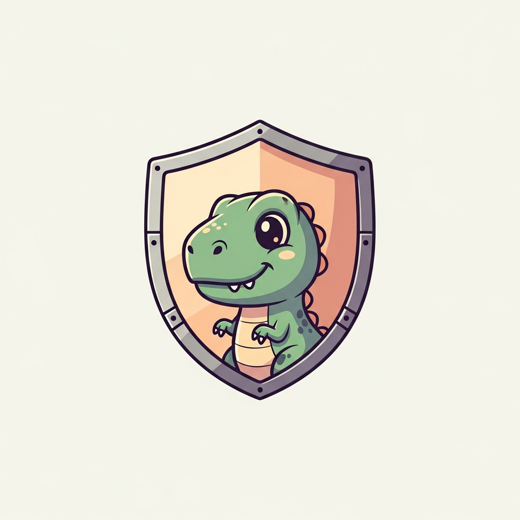 A minimal shield crest with a tiny T-rex inside