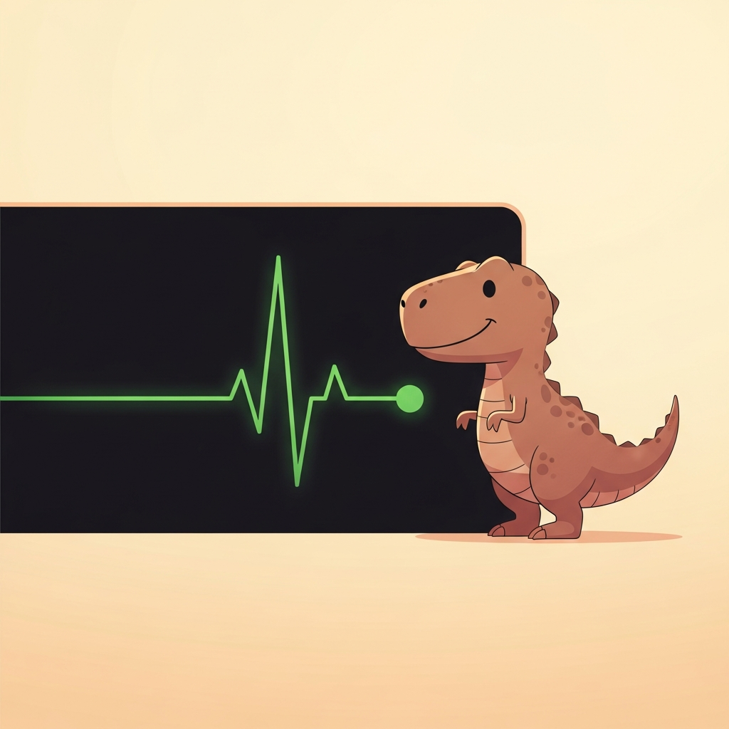 Green heartbeat pulse with a small T-rex silhouette
