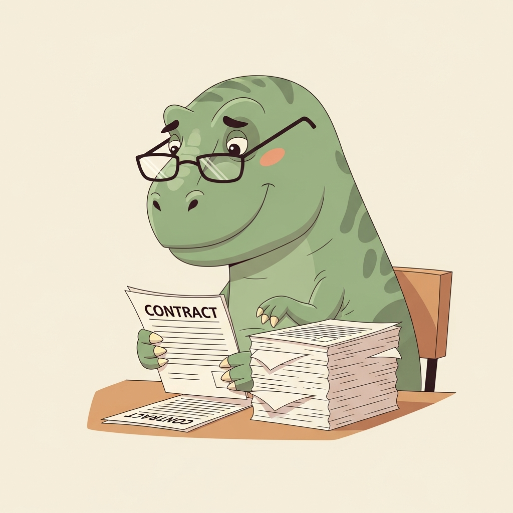 A T-rex leafing through a tidy stack of contracts